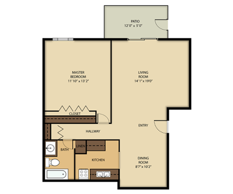 Floor plan for 1 bed, 1 bath, 900 sqft
